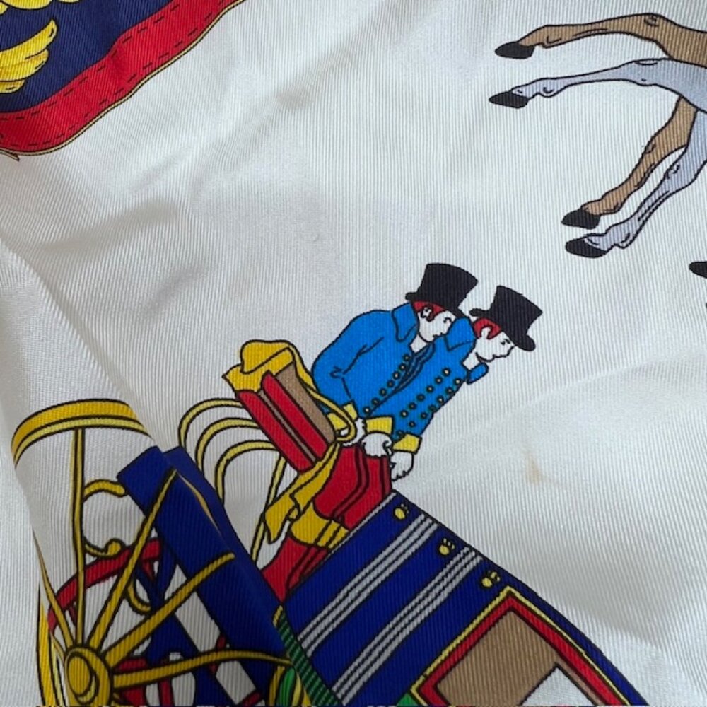 RICHEL Paris Silk Satin Scarf 34" blue gold white horse carriage, Italy Made(57 - Picture 7 of 9